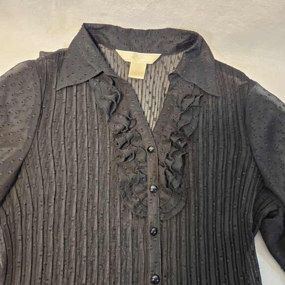 Vintage NEW YORK CITY D. Boho Y2K Black Sheer Pleated Ruffle Shirt Top Size M. - Picture 9 of 16
